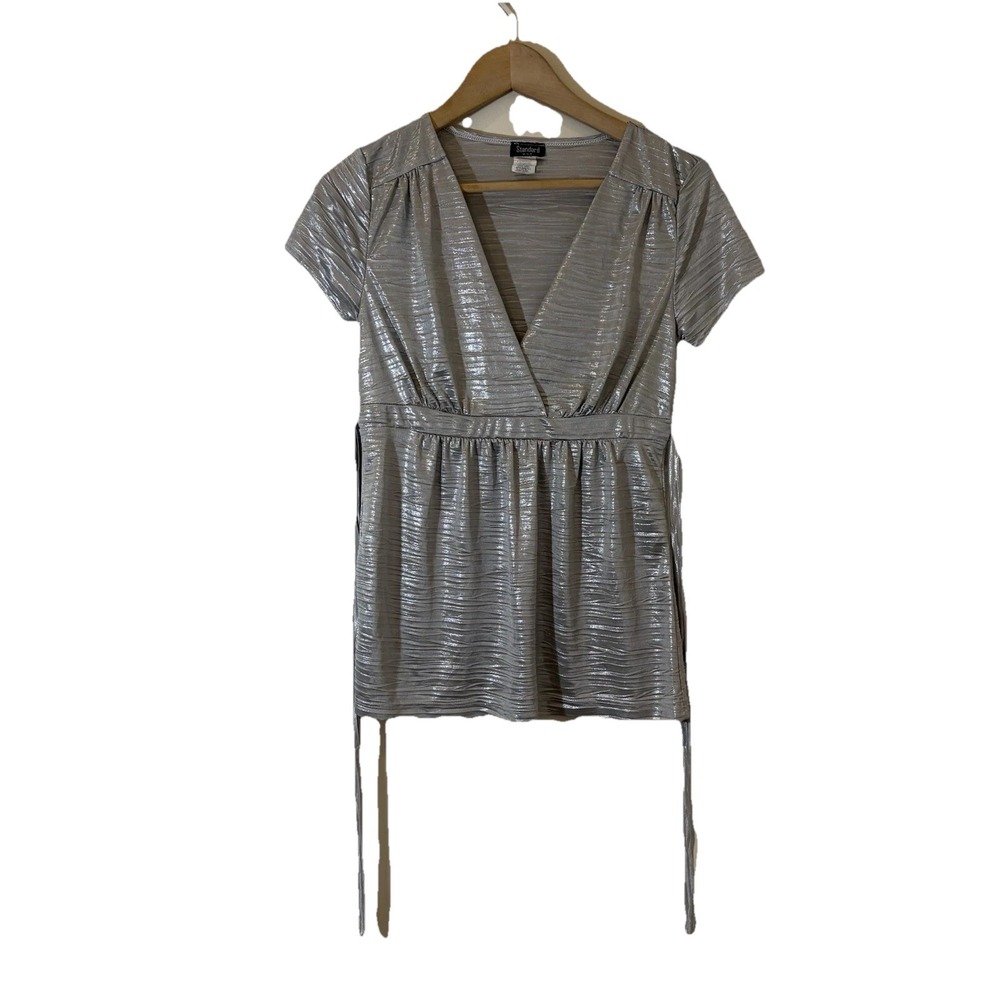 Vintage Y2K Standard USA Women Silver Babydoll Top M Tie Back Retro Indie Sleaze